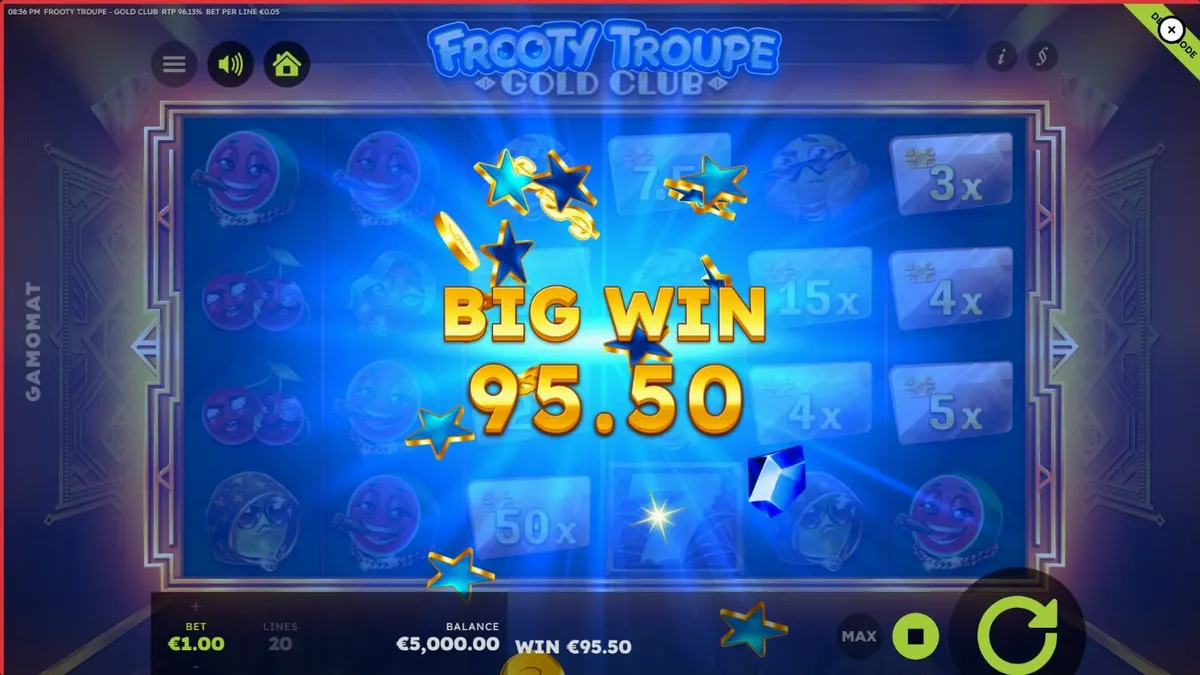 Frooty Troupe – Gold Club slot machine interface showing luxury gold and black theme.