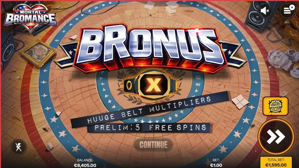 Tampilan visual slot Mortal Bromance dengan karakter kartun di atas ring