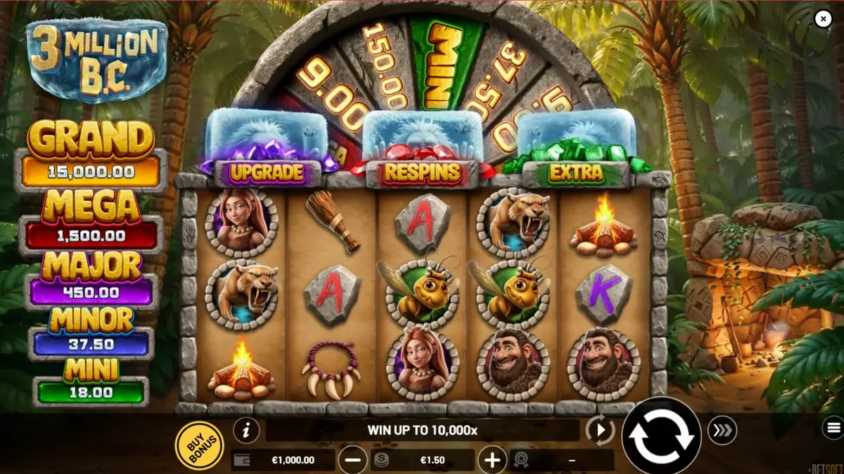 Tampilan antarmuka seluler slot 3 Million B.C. dengan grafis 3D yang tajam